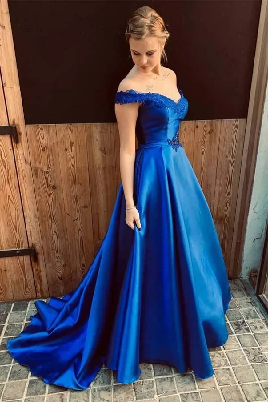 Get More for Less!Off the Shoulder Royal Blue Long Prom Dress with Lace-Up Back PG861