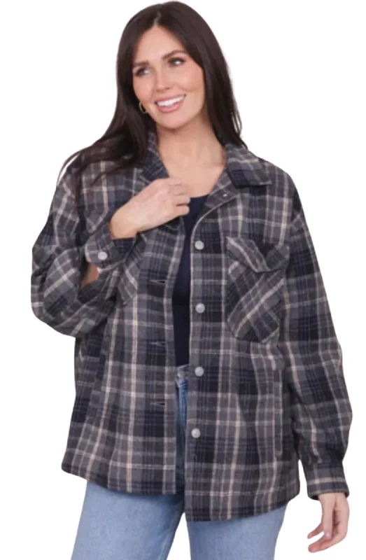 Limited Stock Available!Plaid shacket with Pockets (cobblestone & shadow grey)