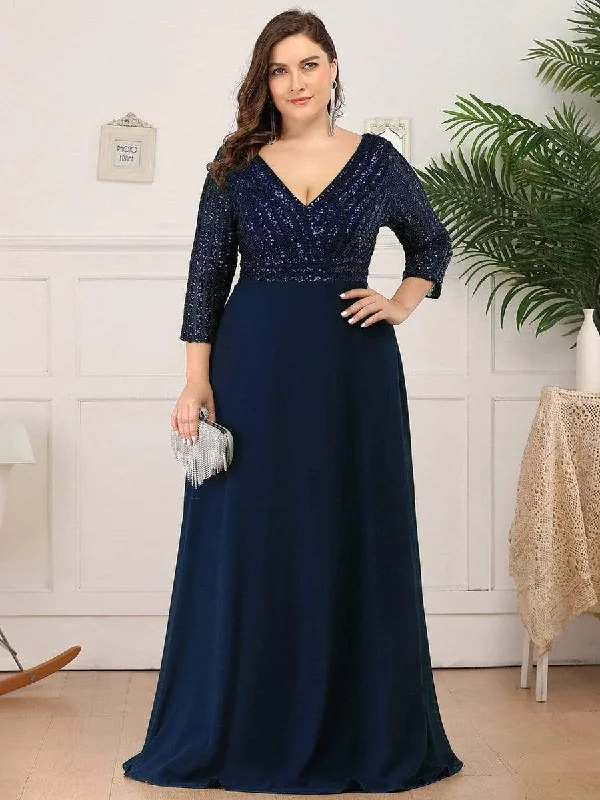 Save Like Never Before!Plus Size V Neck A-Line Sequin Formal Evening Dress with Sleeve Save Like Never Before!Plus Size V Neck A-Line Sequin Formal Evening Dress with Sleeve