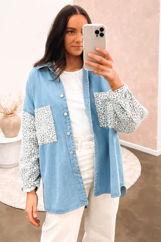Huge Price Cuts Await!Raelynn Denim Shacket Mid Blue Leopard