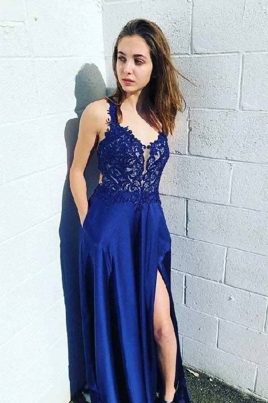 Find Your Perfect Deal Today!Royal Blue Lace Satin Prom Dresses Side Split Evening Dresses PG820