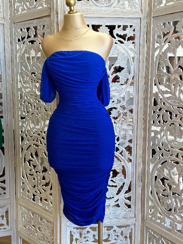 Seasonal Sale – Shop Now!Royal Blue Off Shoulder Midi Ruched Dress- Stretchy