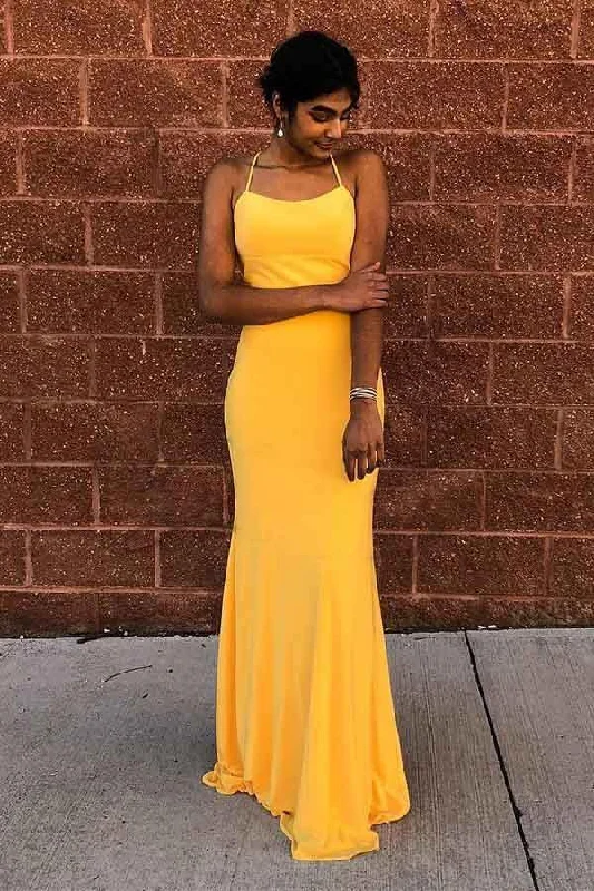 Save More Than Ever!Sexy Mermaid Satin Mustard Yellow Criss Cross Long Prom/Evening Dress PG834