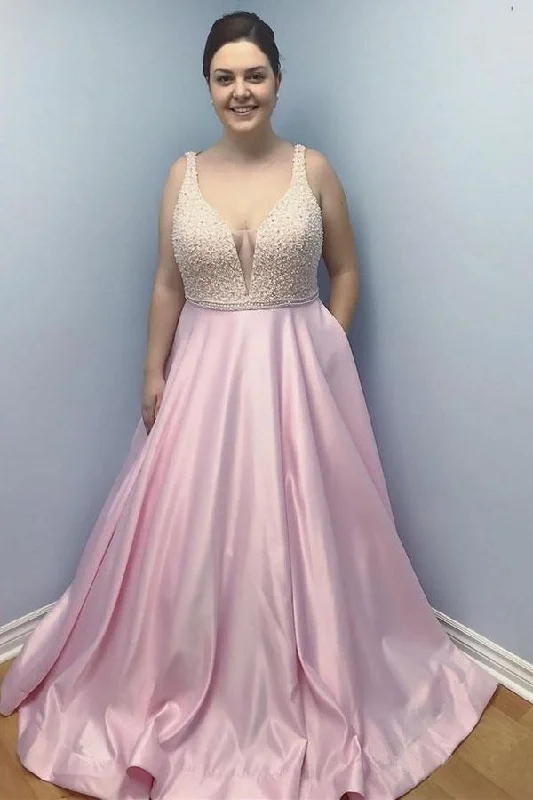 Savings You Can’t Ignore!Simple Pink Satin Long Prom Dresses with Pockets Beaded Plus Size PG838
