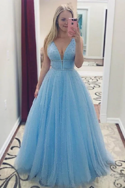Find Your Perfect Deal Today!Sky Blue V Neck Beaded Long Prom Dresses Pearls Tulle Cute Prom Dress PG836