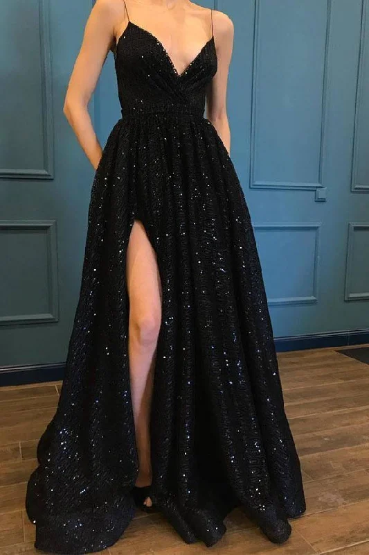 Your Chance to Save is Now!Spaghetti Strap Black Sparkle Popular Long Prom/Evening Dresses PG835