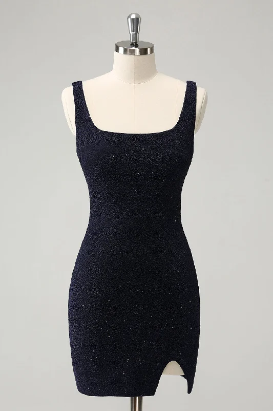 Unmissable Offers Await!Sparkly Dark Blue Square Neck Bodycon Short Graduation Dress With Slit