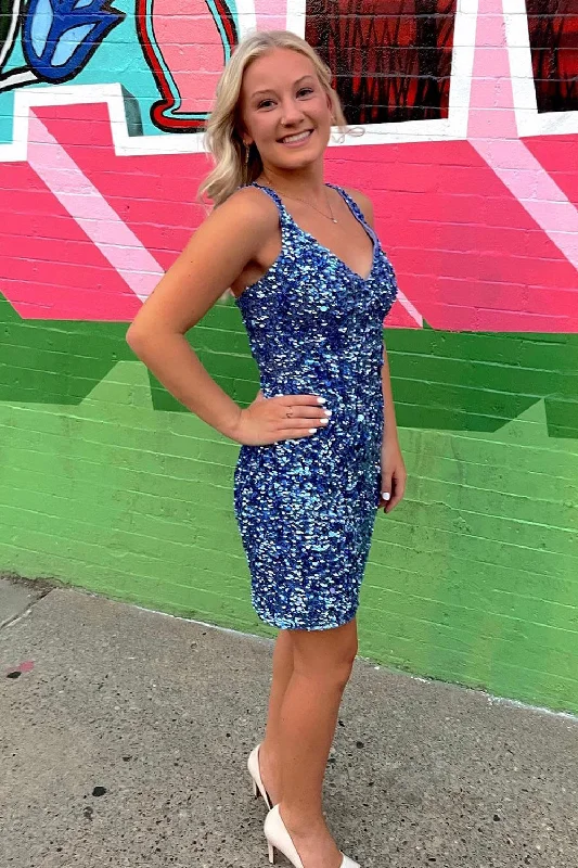 Everything Must Go!Sparkly Light Blue V-Neck Tight Sequins Short Party Dress