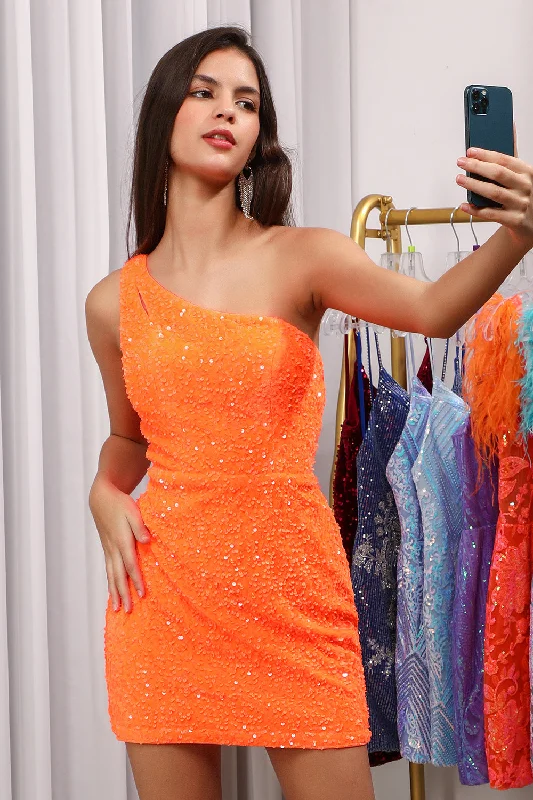 Best Offers of the Month!Sparkly Orange Cut Out Open Back One Shoulder Sequins Tight Party Dress