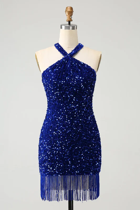Don’t Wait – Deals Won’t Last!Sparkly Royal Blue Bodycon Halter Sequin Short Graduation Dress with Tassel