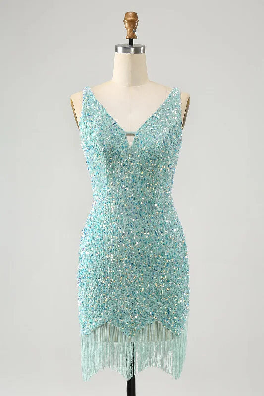 Save More Than Ever!Sparkly Sage Bodycon V Neck Sequin Short Graduation Dress with Tassel Save More Than Ever!Sparkly Sage Bodycon V Neck Sequin Short Graduation Dress with Tassel