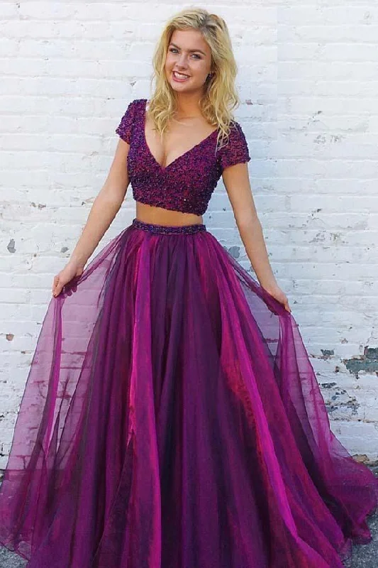 Get It Before It’s Gone!Two Piece V-Neck Short Sleeves Purple Tulle Prom Dress with Beading PG842