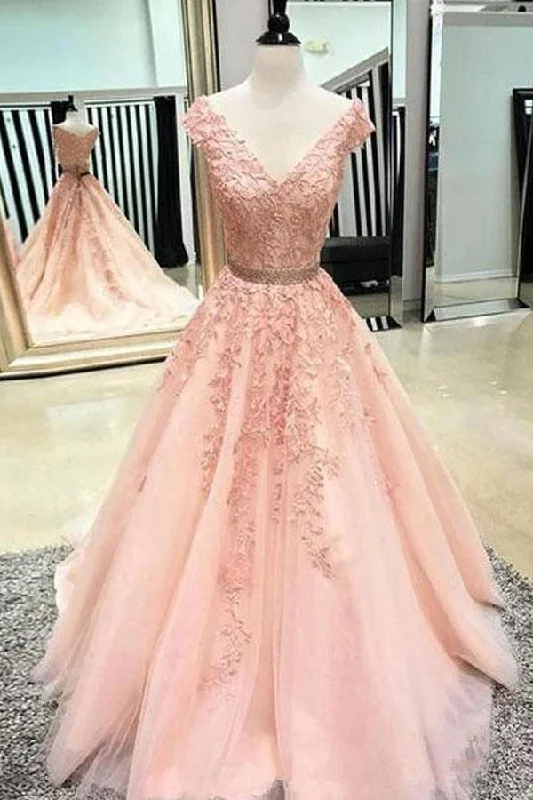 Get the Best for Less!V Neck Cap Sleeves Lace A-line Long Prom Dresses Formal Dresses PG868