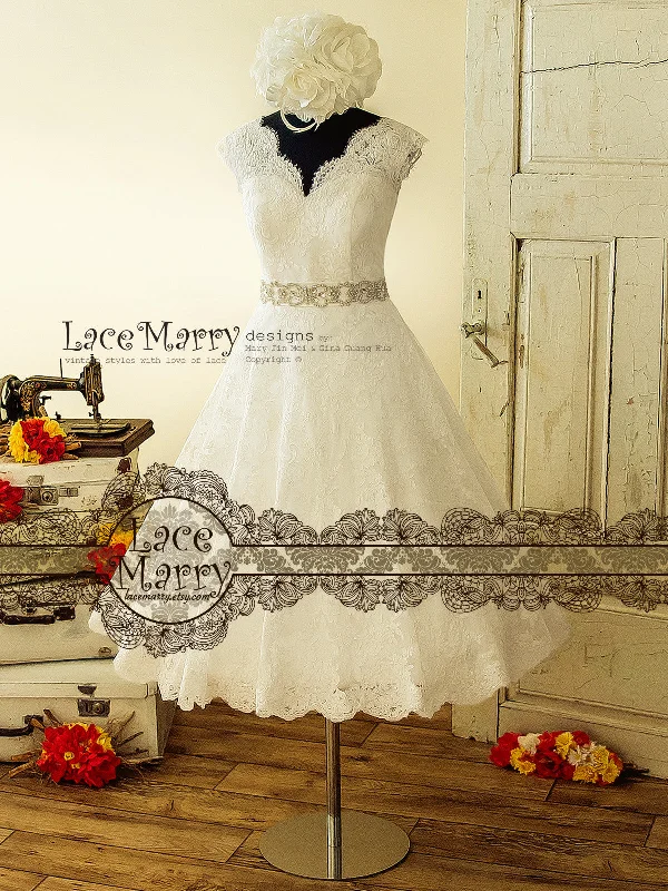 Stock Up and Save!Tea Length Wedding Dress from Alencon Scalloped Lace