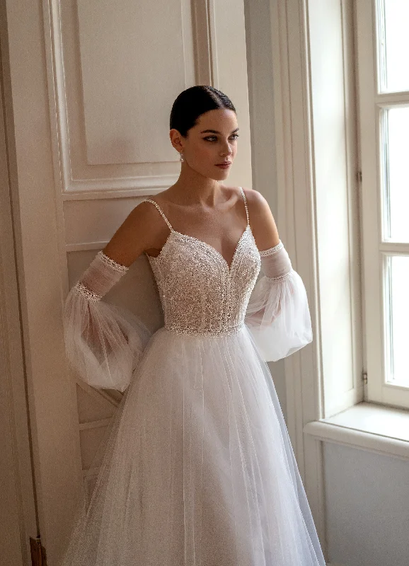 Hurry! While Supplies Last!A-Line Spaghetti Strap Gown with Removable Sleeves