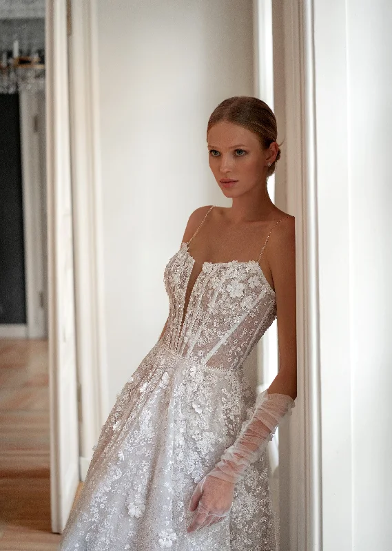 Crazy Discounts Inside!A-Line Spaghetti Strap Sparkly Wedding Gown with 3D Flowers