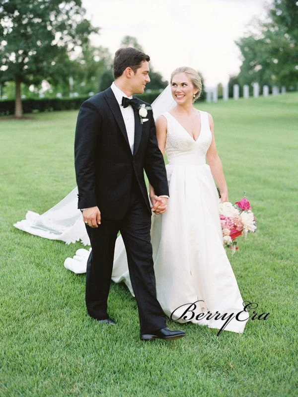 Grab Yours Before It’s Too Late!A-line Stain Simple Wedding Dresses, Lace V-neck Wedding Dresses 2019