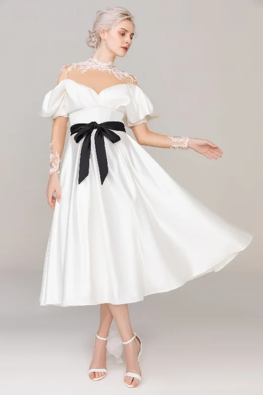Your Chance to Save is Now!A-Line Tea Length Satin Tulle Wedding Dress CW2459