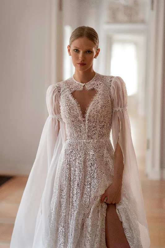 Shop Smart, Save Big!A-Line V-Neck Bohemian Lace Wedding Dress with Removable Cape