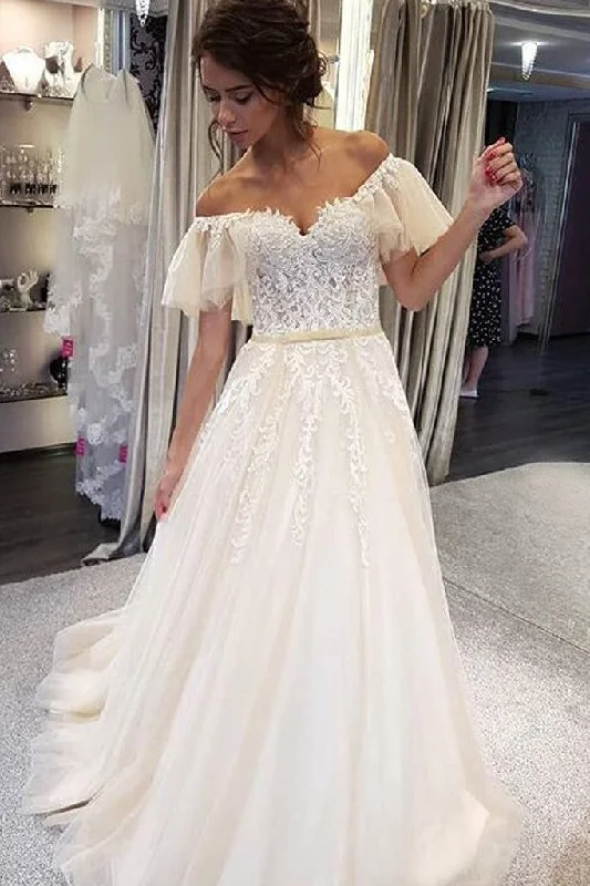 Time to Save Big!Appliques Flutter Sleeves Wedding Gown with Tulle Skirt