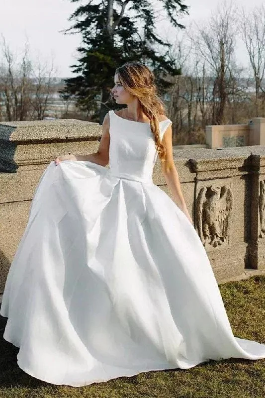 Save More Than Ever!Bateau White Satin Bridal Dresses with Fabric Buttons Back