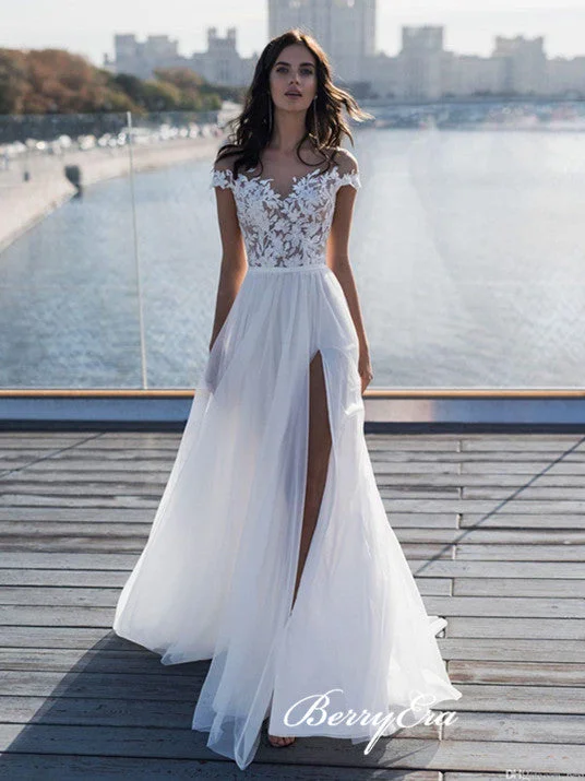 Shop Smart, Save Big!Cap Sleevels Lace Top A-line Side Slit Tulle Wedding Dresses