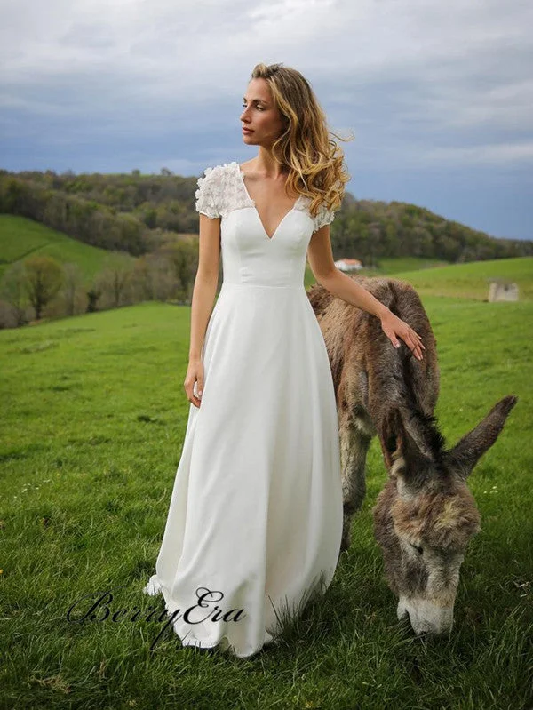 New Discounts Just Dropped!Cap Sleeves Appliques Elegant Wedding Dresses, V-neck Fancy Country Wedding Dresses