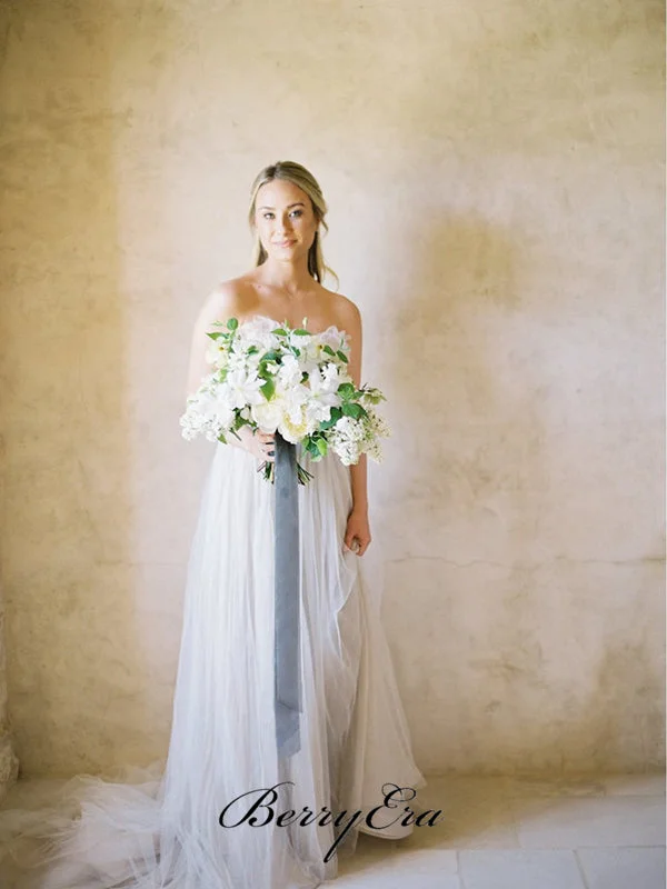 Enjoy Huge Discounts Now!Cheap Simple Tulle Sweetheart Wedding Dresses, Strapless Beach Wedding Dresses