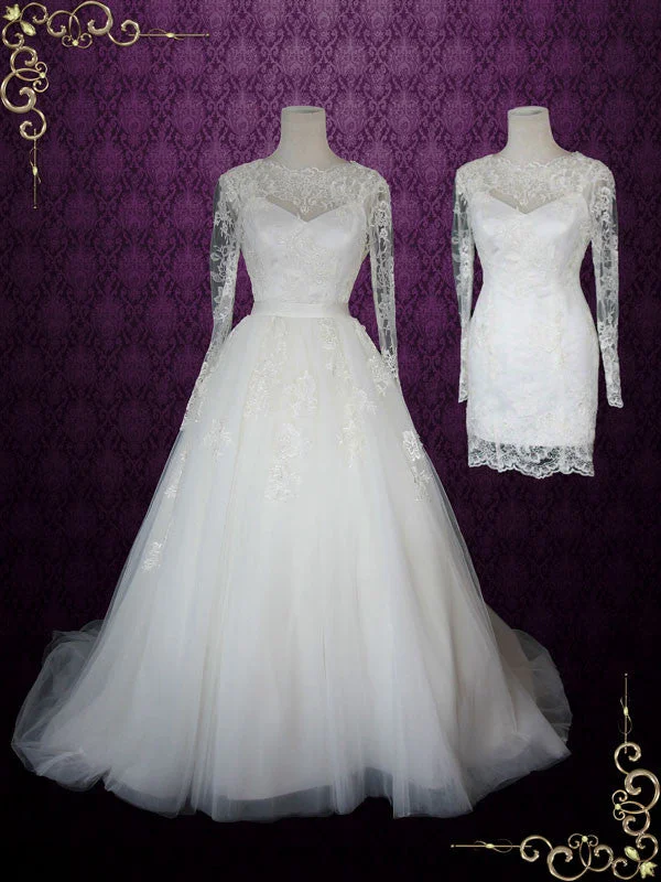 Get More for Less!Convertible Lace Wedding Dress with Open Back Long Sleeves and Tulle Skirt