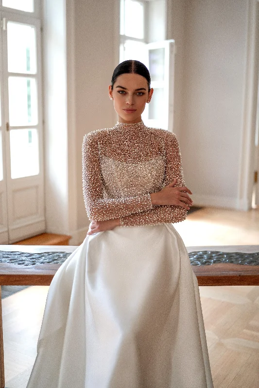 Seasonal Sale – Shop Now!Elegant Illusion Long Sleeve High Neck A-Line Wedding Dress With Pearl Seasonal Sale – Shop Now!Elegant Illusion Long Sleeve High Neck A-Line Wedding Dress With Pearl