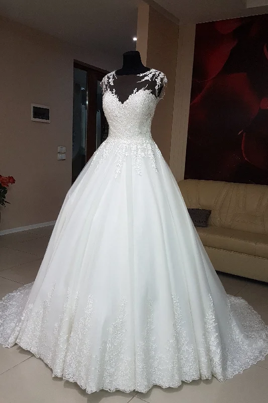 Save Like Never Before!Floral Lace Cap Sleeve Wedding Dresses with Transparent Neckline