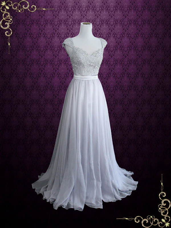 One Click Away from Big Savings!Gray Cap Sleeves Lace Chiffon Long Evening Dress