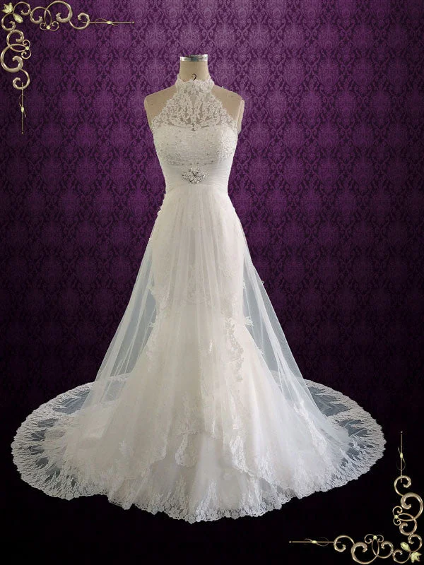 Lowest Prices Guaranteed!Halter Lace Wedding Dress with Illusion Skirt CLARA