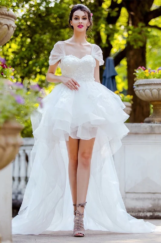 Massive Price Cuts!Horsehair Trim Hi-lo Wedding Dresses with Tulle Wrapped Sleeves Massive Price Cuts!Horsehair Trim Hi-lo Wedding Dresses with Tulle Wrapped Sleeves