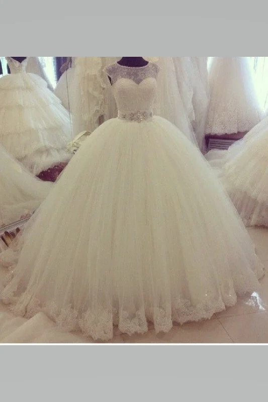 One Click Away from Big Savings!Illusion Lace Ball Gown Wedding Dress Ivory Tulle Skirt