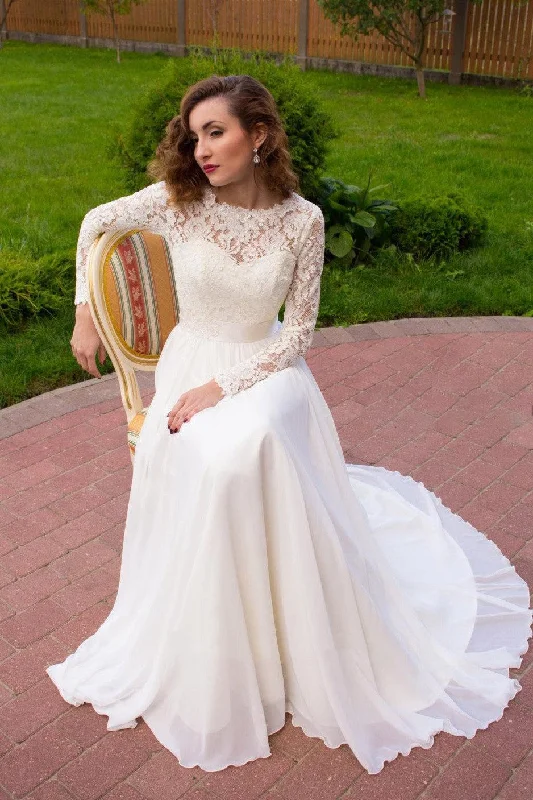 Great Deals, Just for You!Illusion Lace Long Sleeves Wedding Dress with Chiffon Skirt