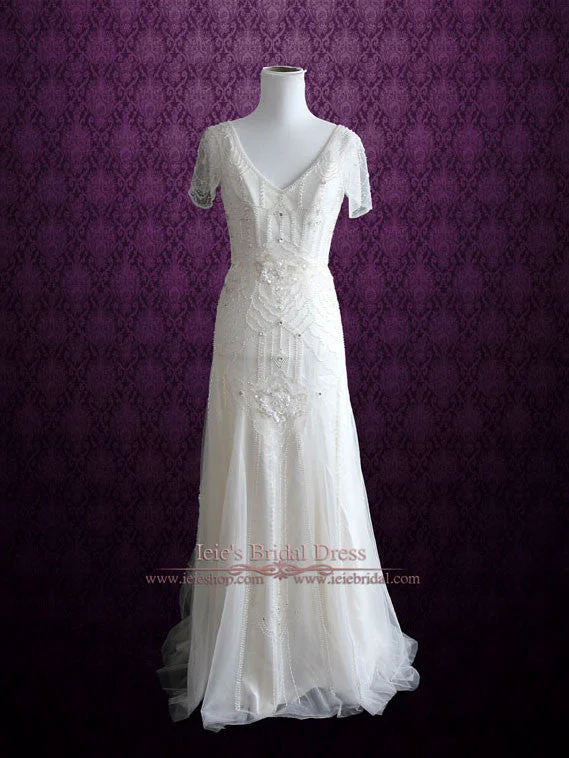 Instant Savings Await!Ivory Bohemian Beach Wedding Dress with Silk Lining Cap Sleeves and Intricate Beading | Anabel