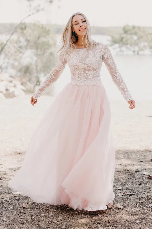 Limited-Time Price Drop!Ivory Lace Long-sleeved Wedding Gown Light Pink Tulle Skirt