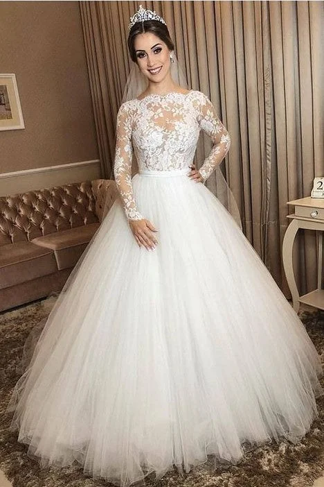 Today’s Deals, Tomorrow’s Regrets!Ivory Tulle Wedding Gown Long Sleeves with Sheer Lace Bodice
