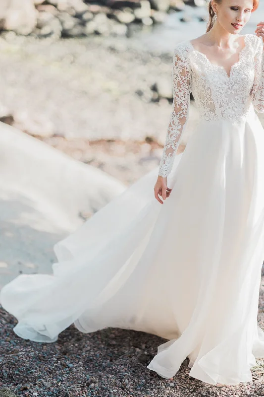 Find the Best Deals Here!Lace Long Sleeve Wedding Gown with V Neckline