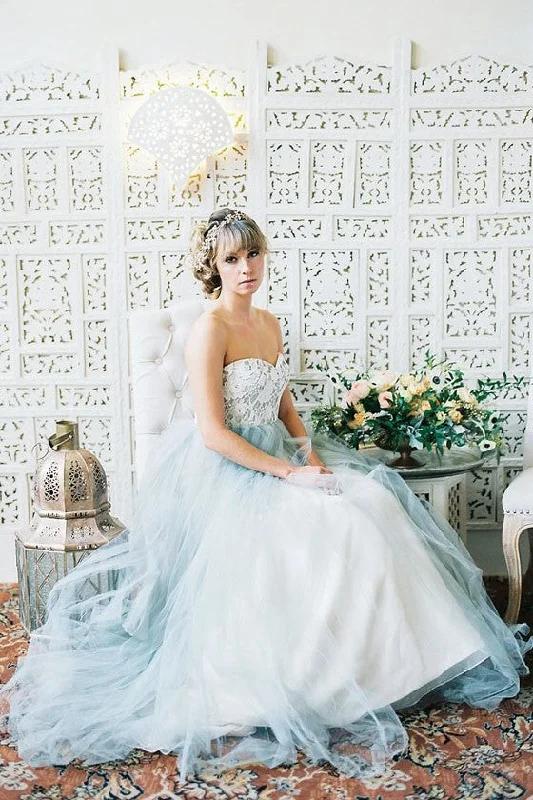One Day Only – Huge Savings!Lace Strapless Wedding Gown Dusty Blue Tulle Skirt