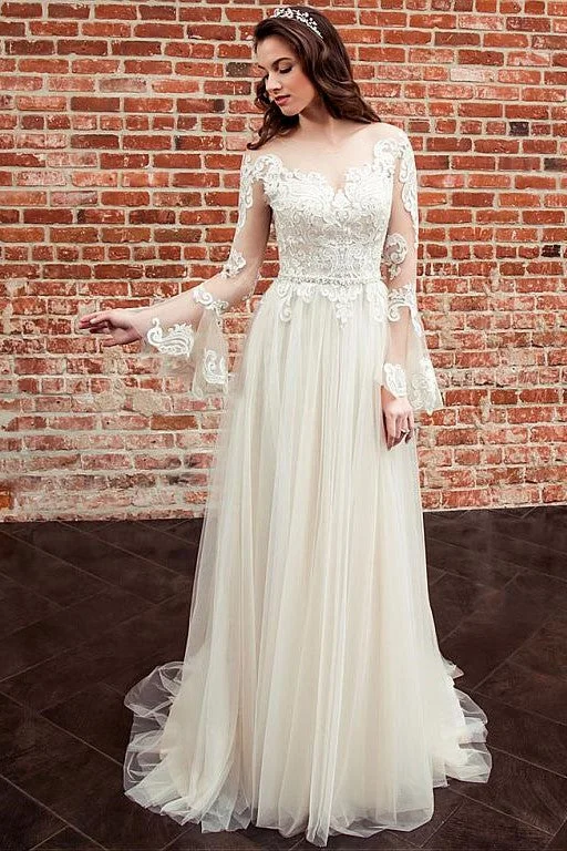 Incredible Savings Inside!Long Lace Sleeves Bride Dresses with See-through Neckline
