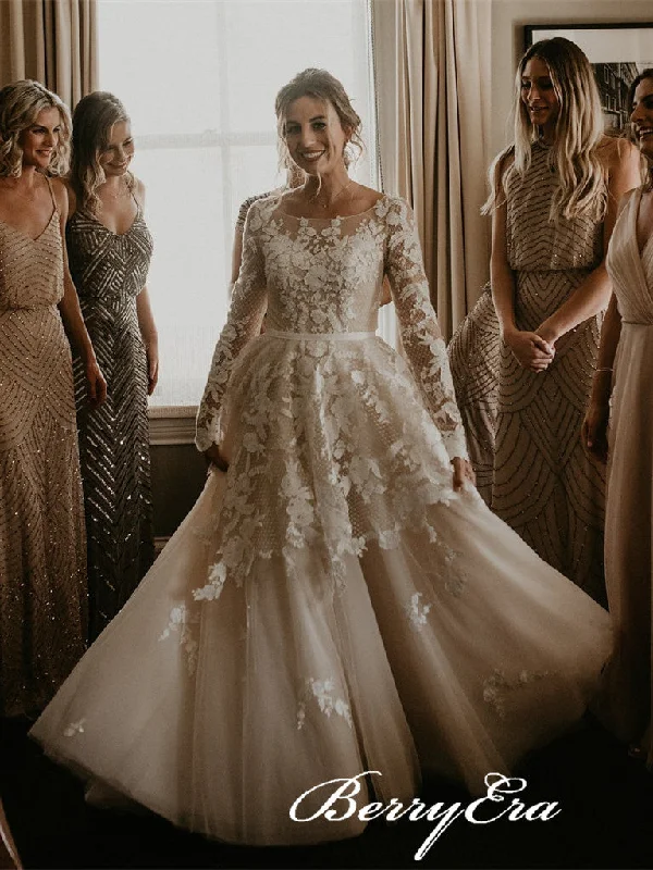 Your Discount is Waiting!Long Sleeves Aa-line Lace Tulle V-back Wedding Dresses