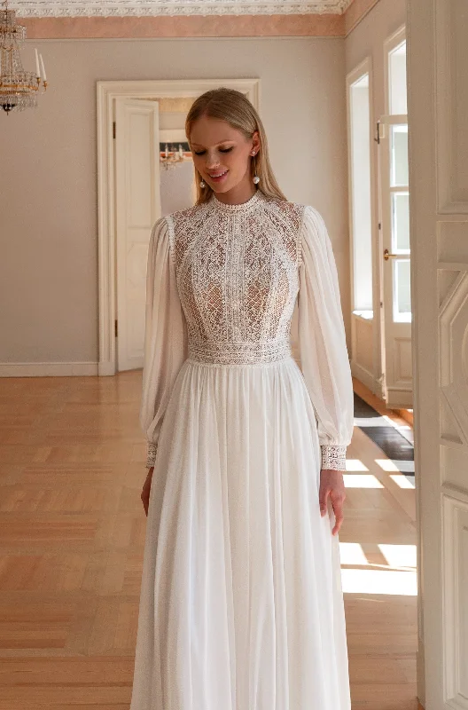 Buy More, Save More!Long Sleeve High Neck A-Line Open Back Boho Modest Wedding Dress