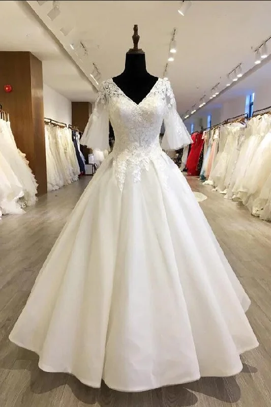 Price Drops You’ll Love!Modest V-neck Bride Wedding Gown with Trumpet Sleeves