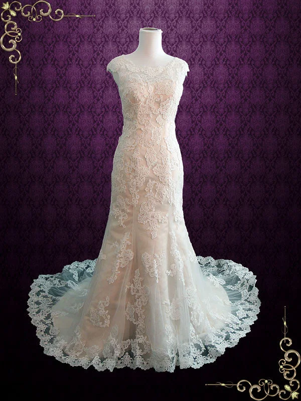Best Price of the Season!Modest Vintage Lace Wedding Dress with Cap Sleeves JULY