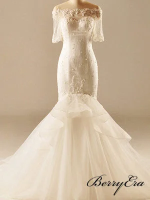 More Discounts, More Joy!Off Shoulder Long Mermaid Short Sleeves Ivory Lace Tulle Wedding Dresses
