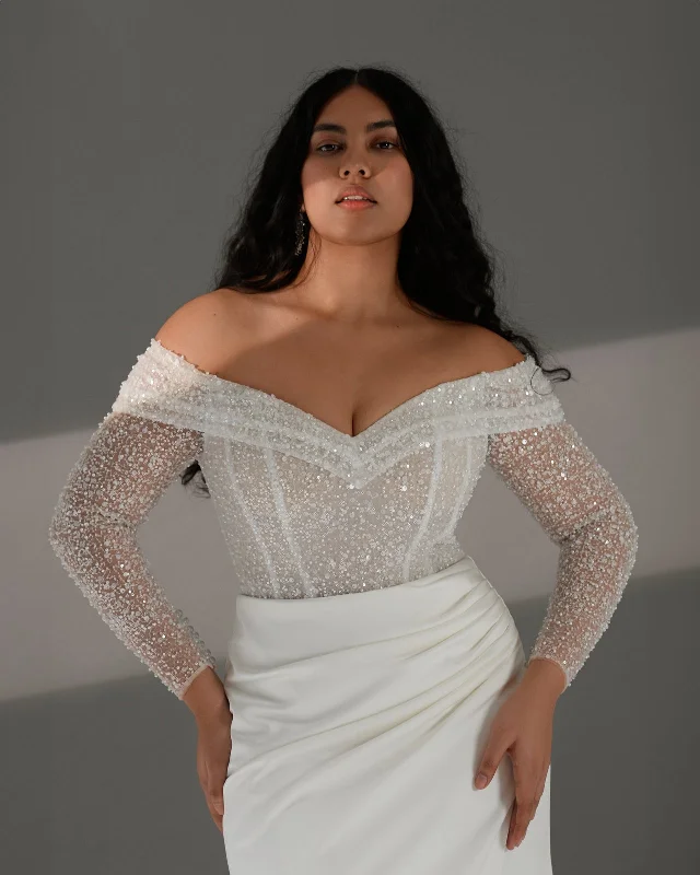 Huge Savings – Act Now!Off-The-Shoulder Glitter Sheath Wedding Dress