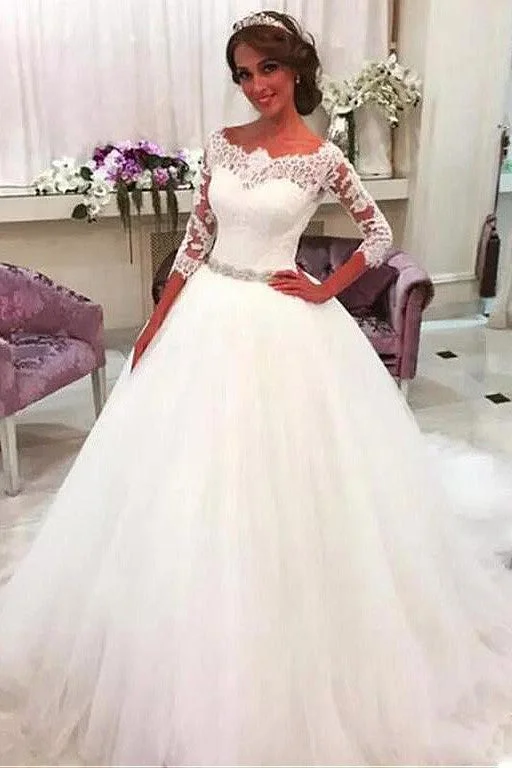 Get More for Less!Off-the-shoulder Lace 3/4 Sleeves Wedding Gown with Rhinestones Belt Sash Get More for Less!Off-the-shoulder Lace 3/4 Sleeves Wedding Gown with Rhinestones Belt Sash