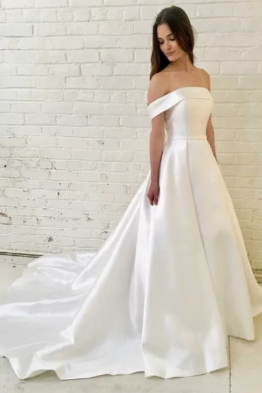 New Discounts Just Dropped!Off-the-shoulder Satin Bridal Wedding Gowns with Off-the-shoulder Neckline New Discounts Just Dropped!Off-the-shoulder Satin Bridal Wedding Gowns with Off-the-shoulder Neckline